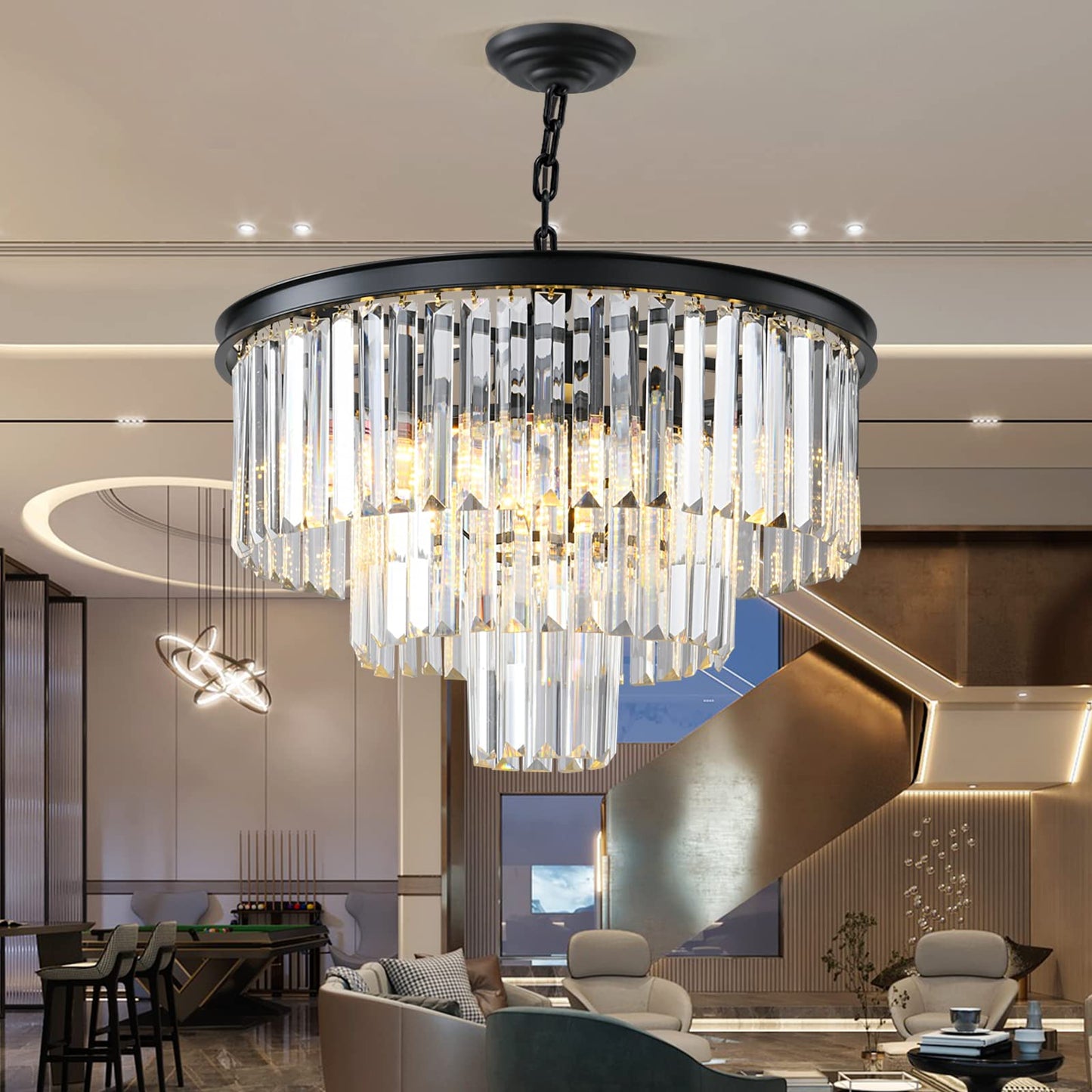 Laiuetai Black Modern Crystal Chandelier 3-Tier Round Flush Mount Ceiling Light Fixtures Height Adjustable Pendant Lighting For Dining Room Living Room Bedroom Kitchen Hotel Foyer