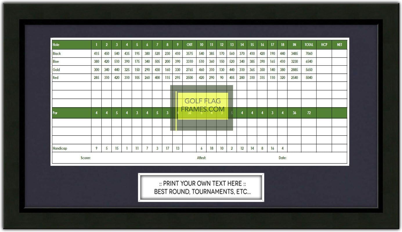 Custom Size Golf Scorecard Frame; Black Wood Frame 416, You choose Scorecard Size and Mat Color; scorecard and verbiage not included (Scorecard Size 5x12, Mat Color True Navy)