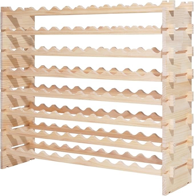 VEVOR 96 Bottle Stackable Modular Wine Rack, 8-Tier, Floor Freestanding Wine Storage Rack, Solid Wood Wines Display Shelf, Wobble-Free Shelves, Easy Assembly, for Kitchen, Cellar, and Bar, Natural