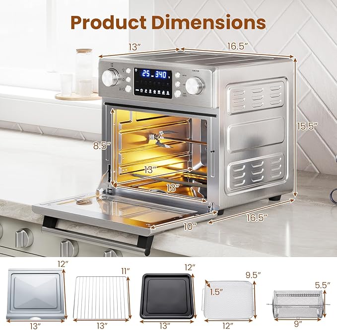 COSTWAY 14-in-1 Air Fryer Toaster Oven Combo, 1700W Dual Cook & 26 QT Large Capacity Stainless Steel Countertop Convection Oven with Bake, Rotisserie, Dehydrate & Defrost, LED Display, 7 Accessories