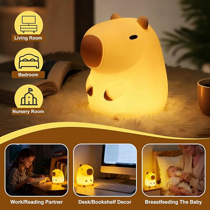 Cute Capybara Night Light for Kids, Squishy Capybara Lamp Gifts, Nursery Bedroom Decor, 2 Levels Dimmable Nursery Nightlight for Kids,Rechargeable LED Bedside Lamp with 20 Min Timer & Tap Control