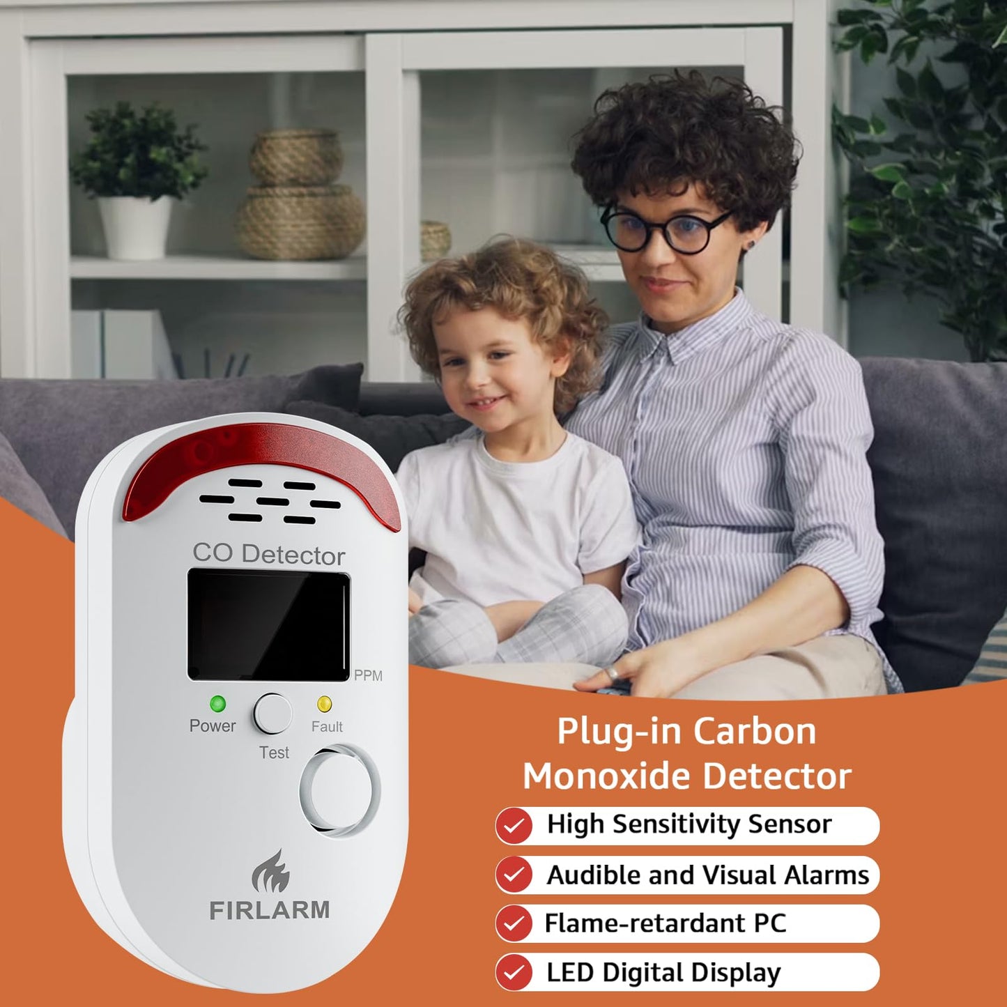 Firlarm Carbon Monoxide Detectors, Plug in CO Detector with LED Digital Display, Portable CO Alarm Monitor for Home, Hotel, Office, RV