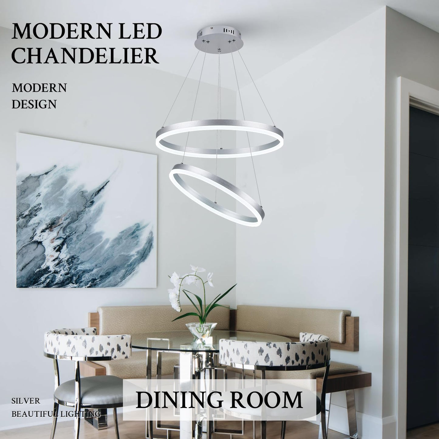 Sparklelf LED Chandelier Pendant Light, 2 Rings, Silver, Remote Control, Flush Mount, Model SL-BK-LED2R-SL197, 3000K-6500K