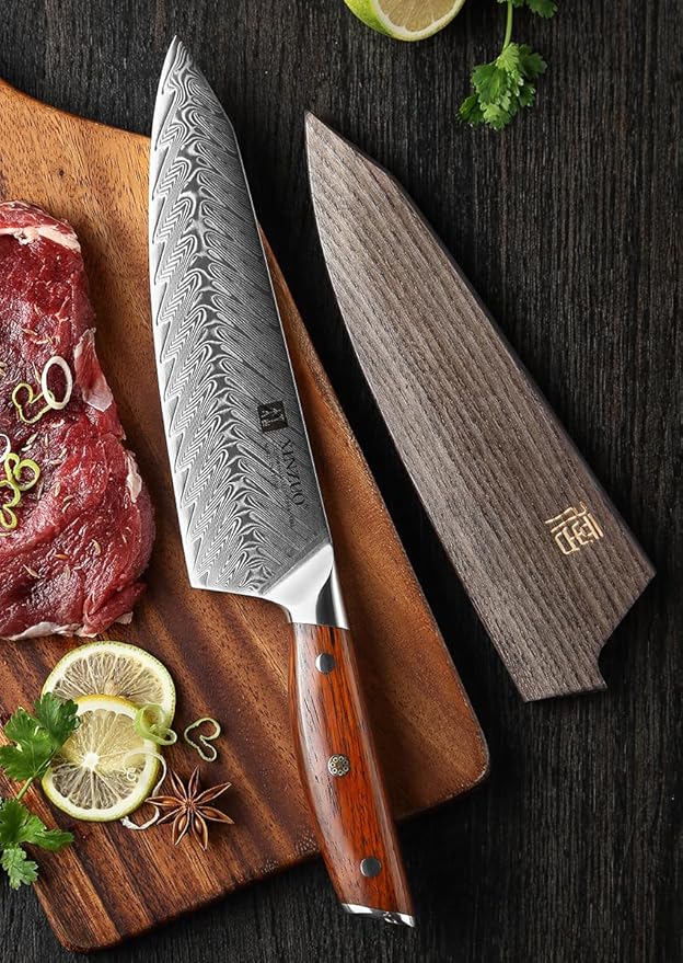 XINZUO Damascus Steel Chef Knife,8.3 Inch Kiritsuke Kitchen Knife Professional High Carbon Steel Forged Gyuto Cooking Knife-Ergonomic Rosewood Handle- Ash Wood Magnetic Knife Sheath-Yi Series