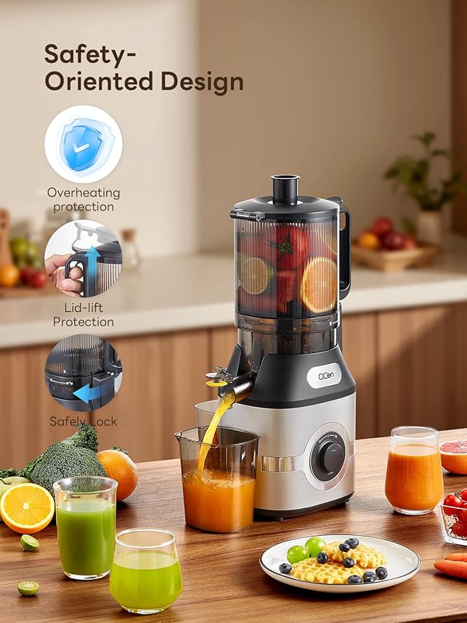 QCen Cold Press Juicer, 5.5” Wide Feed Chute Slow Masticating Juicer Machine for Whole Fruits and Vegetables, Easy to Clean (Silver)