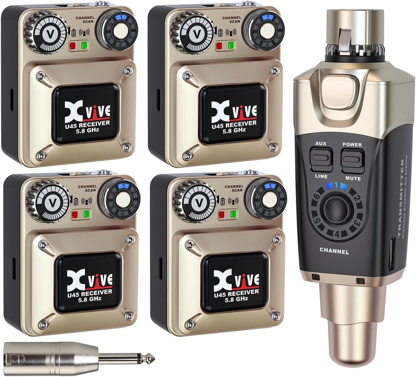 Xvive U45R4 Wireless in Ear Monitor System 5.8ghz IEM System 1 Transmitter and 4 Bodypack Receiver for Studio, Band Rehearsal, L