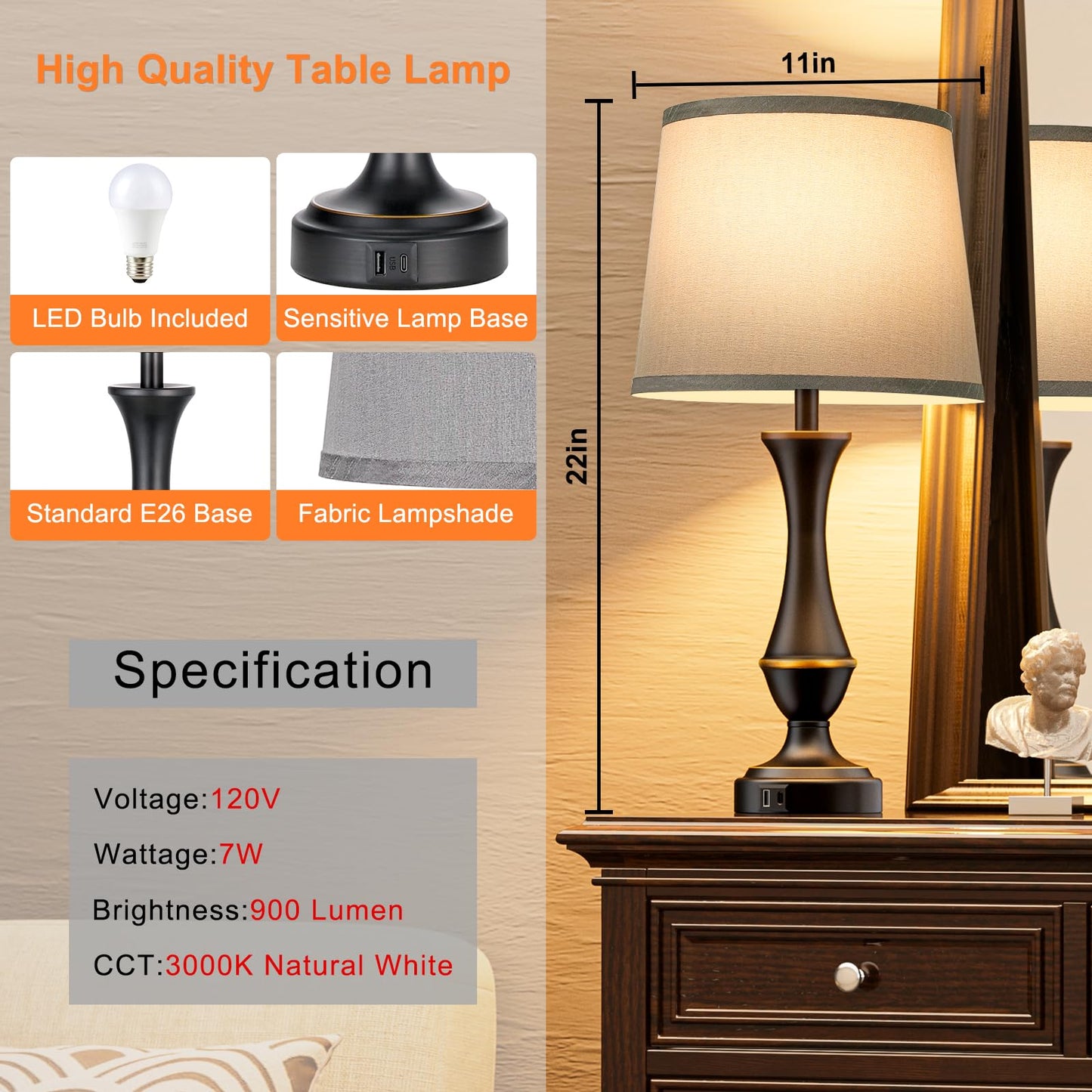 Seealle Touch Lamps Set Of 2 - 3-Way Dimmable Metal Nightstand Lamps With Usb, Grey Shade & Black Base For Bedroom And Living Room