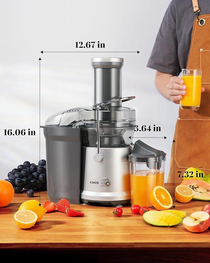 GDOR Powerful 1200W Juicer Machine, 3.2" Wide Chute, Titanium-Enhanced Blade, Heavy-Duty Copper Motor, Dual Speed Centrifugal Juice Extractor, BPA-Free, Silver