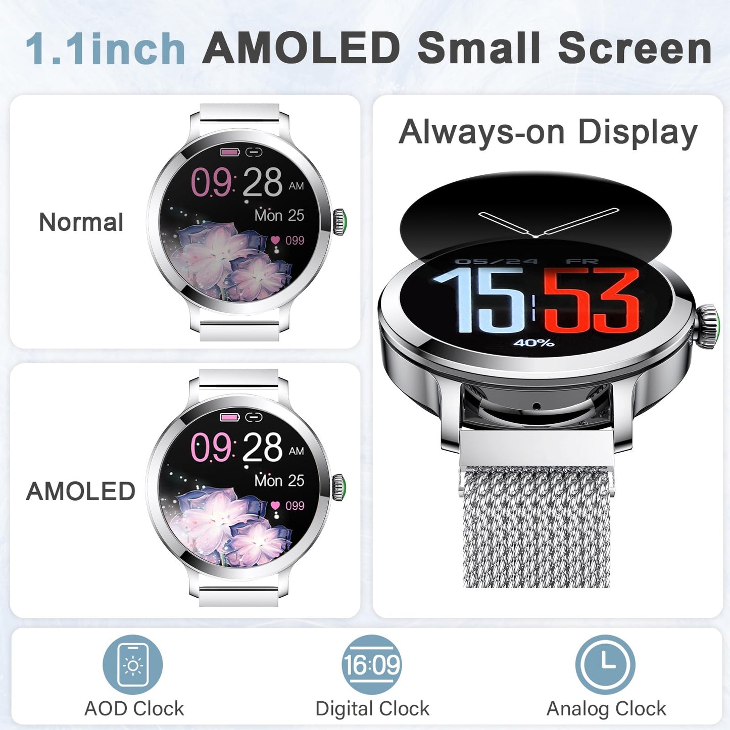 GADIXY Smart Watches for Women (Make/Answer Call),1.109 AMOLED Screen Fitness Tracker 110+ Sports Step Counter/SpO2/BP/Heart Rate/Sleep Monitor IP68 SmartWatches for Android iOS Silver