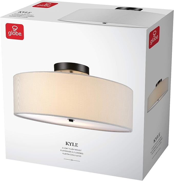 Globe Electric 60315 2-Light Flush Mount Ceiling Light, Dark Bronze, White Linen Shade, Kitchen, Lights, Bathroom, Home Essentials, Bedroom, Closet Light, Lighting Fixtures