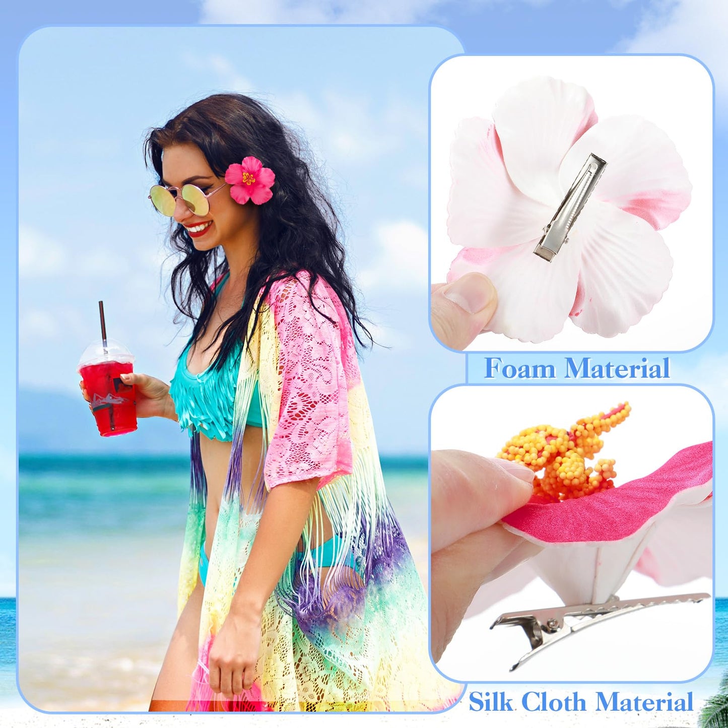 10 Pcs Hawaiian Flower Hair Clips for Women, Plumeria Hibiscus Hair Clips, 3.5 Inch Artificial Flower Clips for Vacation Party B