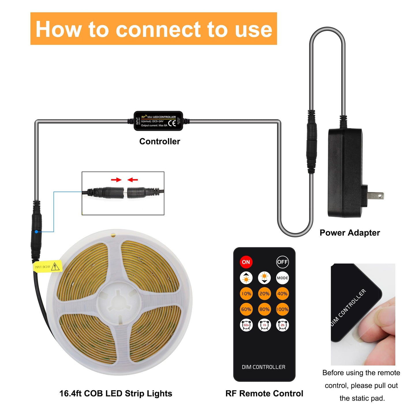 AXMOTUT COB LED Strip Light, 16.4FT Warm White 2700K, Dimmable, RF Remote, UL Power Supply, Model AM-320-5H