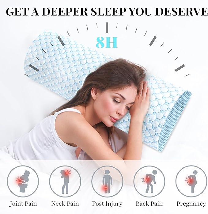 Large Knee Pillow for Side Sleepers Memory Foam Leg Pillows for Sleeping Yoga Bed Half Moon Bolster Pillow for Neck Pain Relief with Pillowcase 23.6"x8.7"x5"(Cooling Blue, Extended Size)