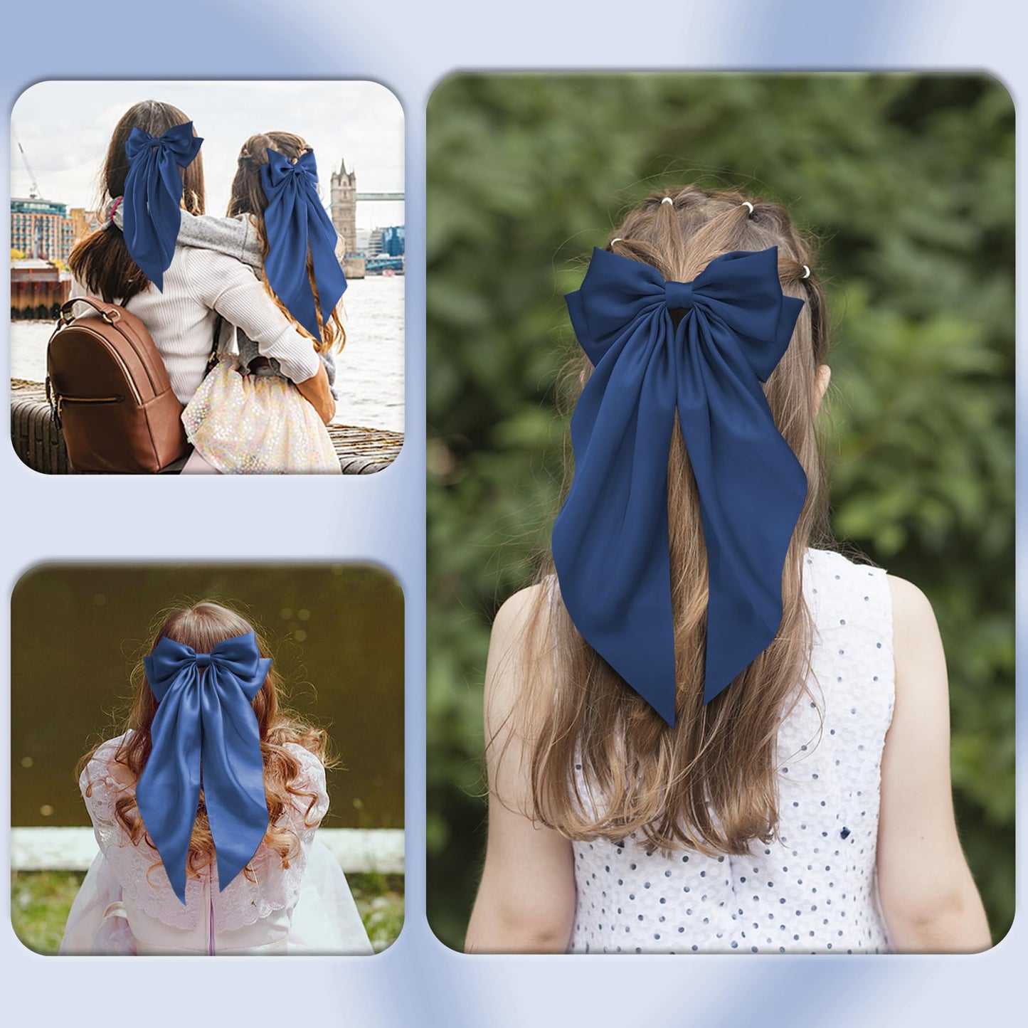 Hair Bows for Women, 2Pcs Navy Blue Bow Hair Clips for Girls, Silky Satin Hair Bows Clips Long Tail, Large Hair Barrettes Cute A