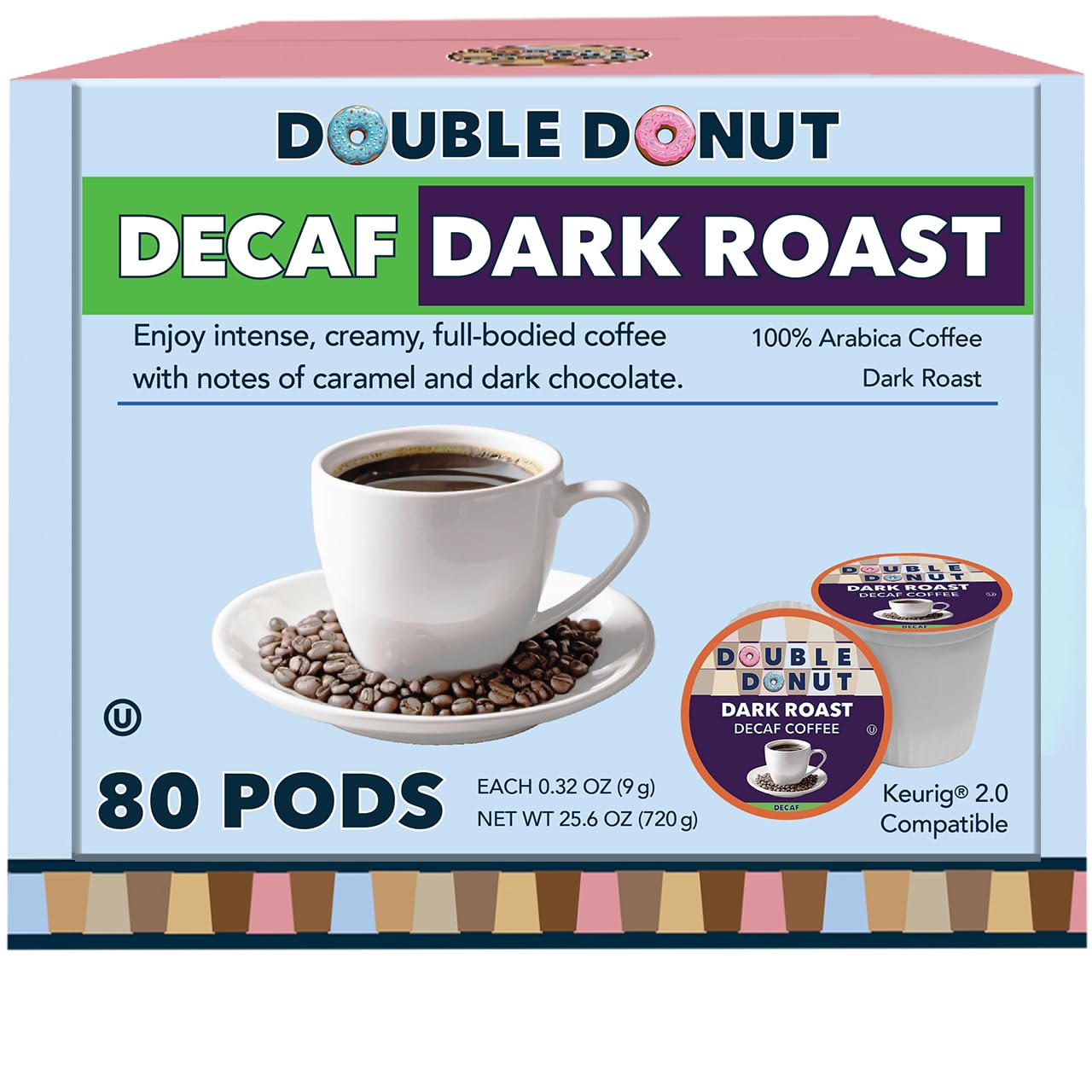 Double Donut Decaf Dark Roast Coffee Pods Extra Bold Blend Coffee Single Serve Coffee For Keurig K Cups Machines Decaf Dark Roast Coffee in Recyclable Pods 80 Count
