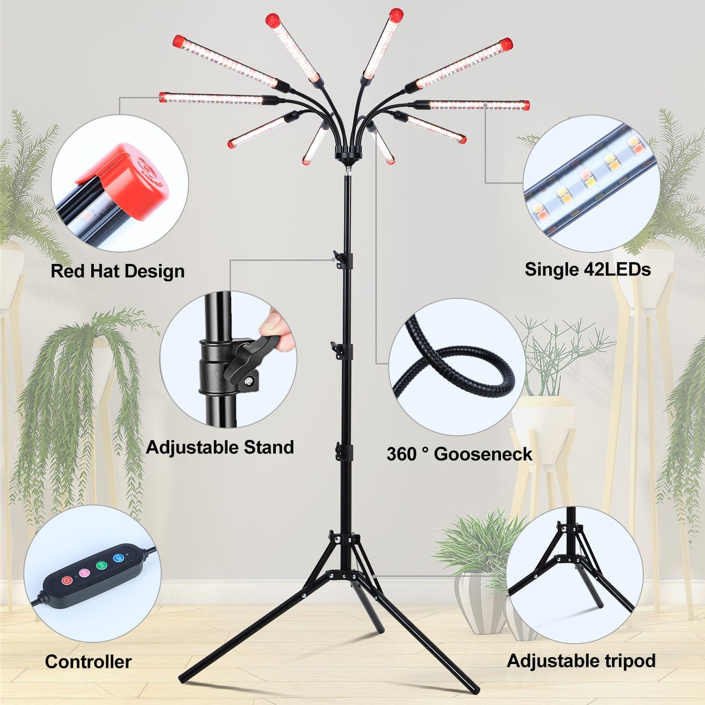 FRGROW 10Head Grow Light for Indoor Plants, 90W Full Spectrum, Auto Timer, Tripod Stand, Black, Model ZH_GL_RH