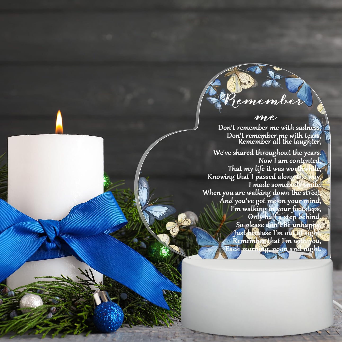 Coume Memorial Gift Night Light Clear Crystal Acrylic Heart Sympathy Gifts Sign Led Light Remembrance Bereavement Decor Condolence Present For Loss Of Loved One (Blue Butterfly Style)