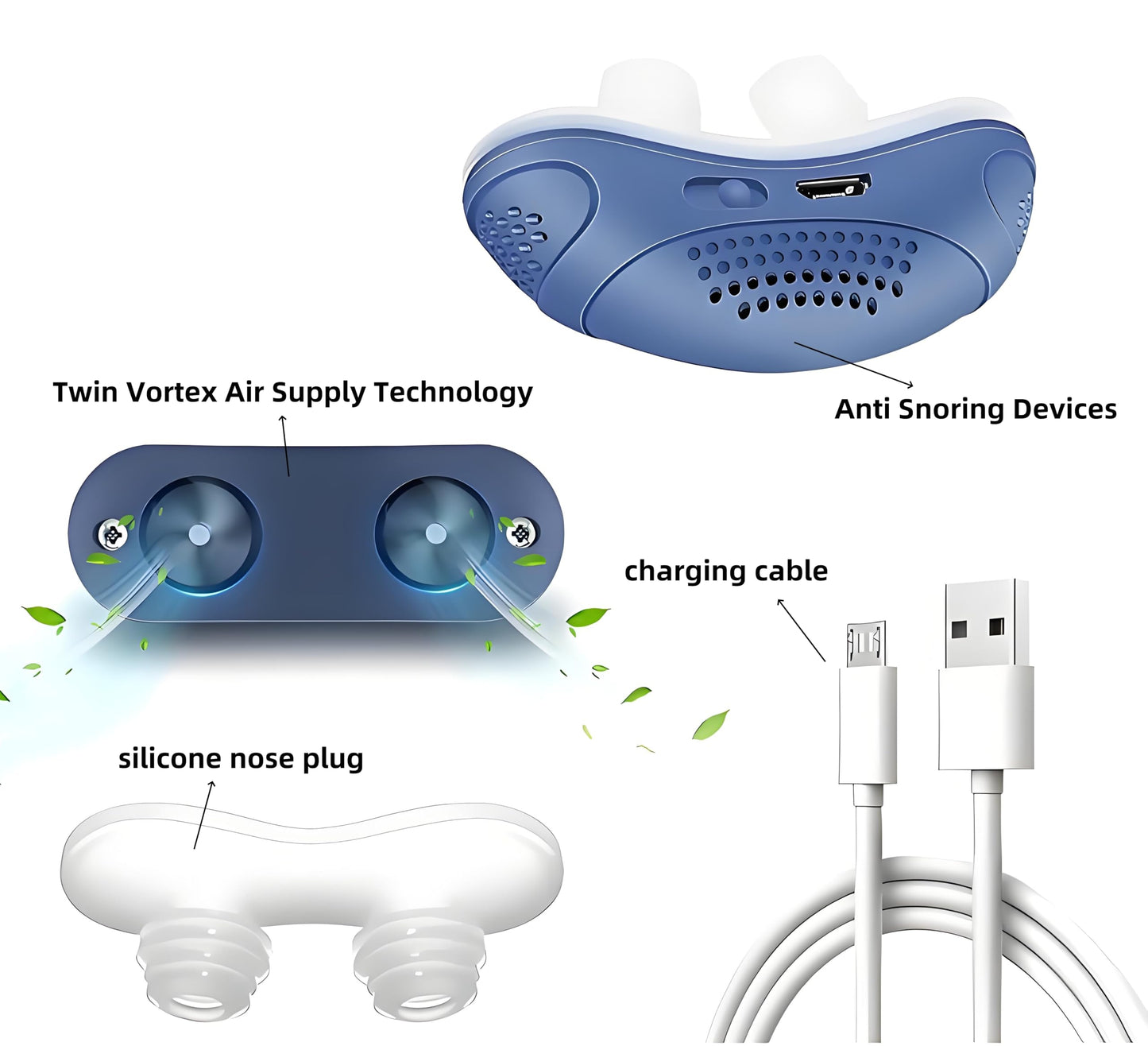 Electric Anti Snoring Devices, Double Vortex Anti Snoring Device, Snoring Solution, Suitable for All Nose Shapes, Stop Snoring Suitable for Men and Women