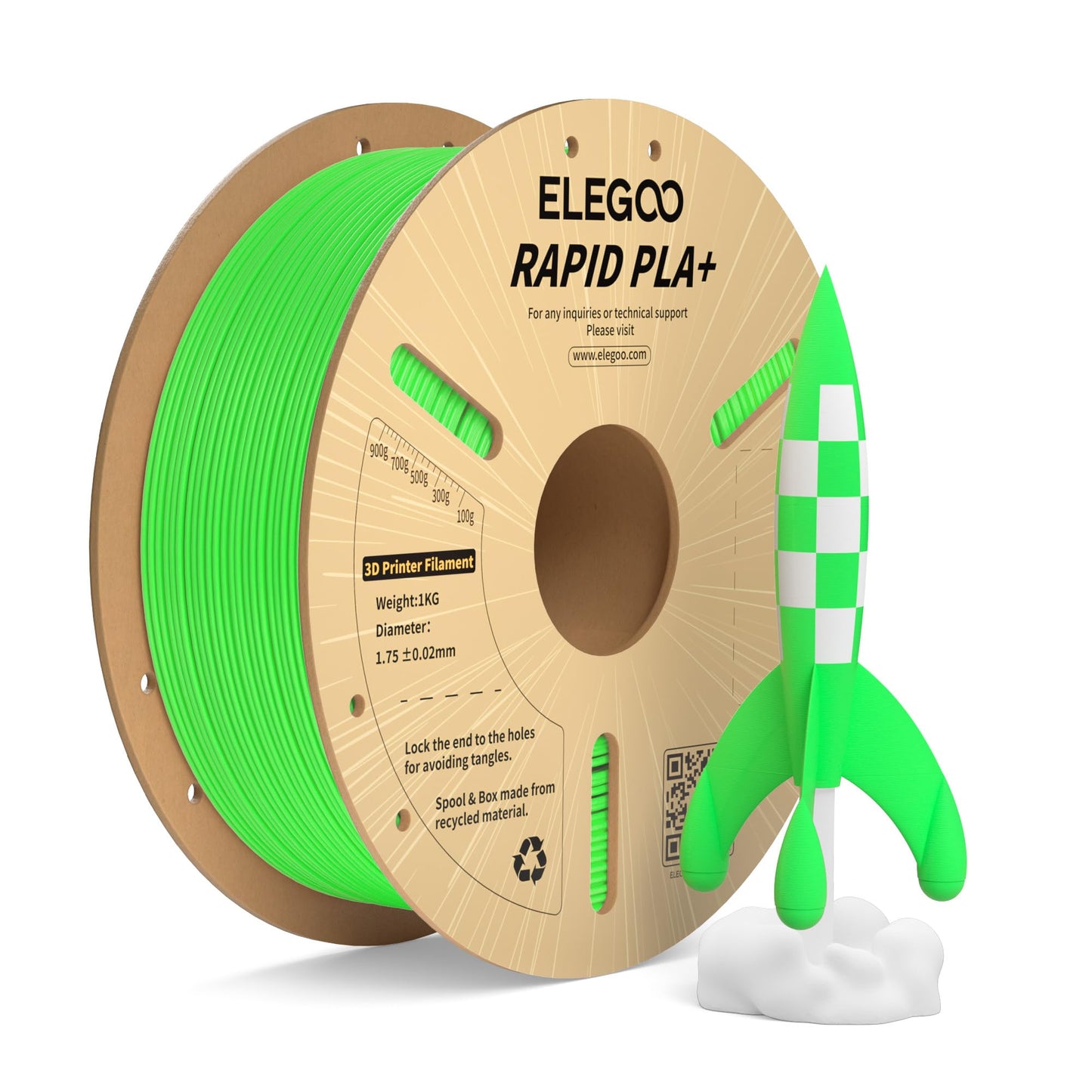 ELEGOO Rapid PLA Plus Filament 1.75mm Green 1KG, PLA+ 3D Printer Filament for 600 mm/s High Speed Printing, Dimensional Accuracy