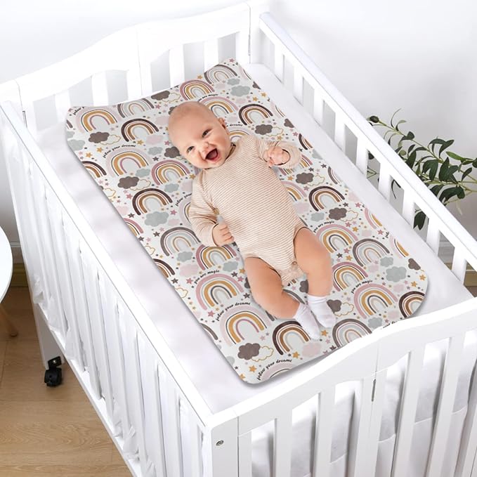 Colorful Boho Rainbow Changing Pad Covers Cute Rainbow Clouds Stars Diaper Change Pad Sheets for Girls Boys Soft Breathable Stretchy Snug Fitted Changing Mat Cover 32''x16''