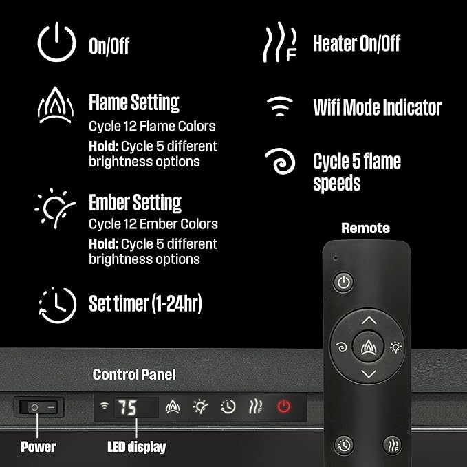 Westinghouse 74 Inch Electric Fireplace Heater, Compatible with Alexa & Google Home, Wall Mount or in-Wall Recessed Fireplace Insert, 24 Hour Timer, Color Changing Flames, 750W/1500W Indoor Heater