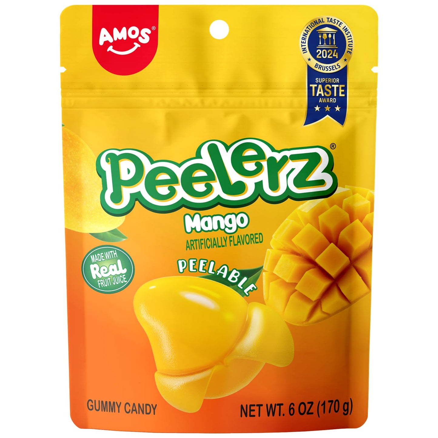 AMOS Peelerz Mango Peelable Gummy Candy 6oz (170g) - Peelable Gummy Made with Real Fruit Juice Resealable Bag Fun Peeling Candy Snack for Kids and mature-themeds
