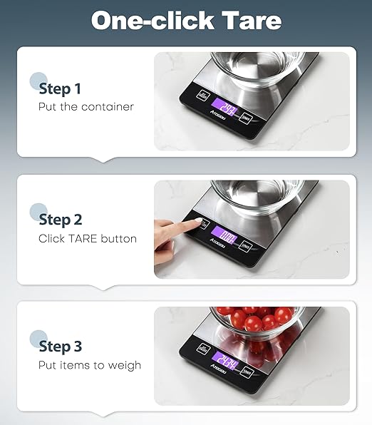 Atogou Food Scale, 33lb Rechargeable Kitchen Scale with Full-View Backlit LCD Display, Waterproof Stainless Steel Surface, Type-C Charging, Grams and Ounces for Baking, Cooking, Food Grey