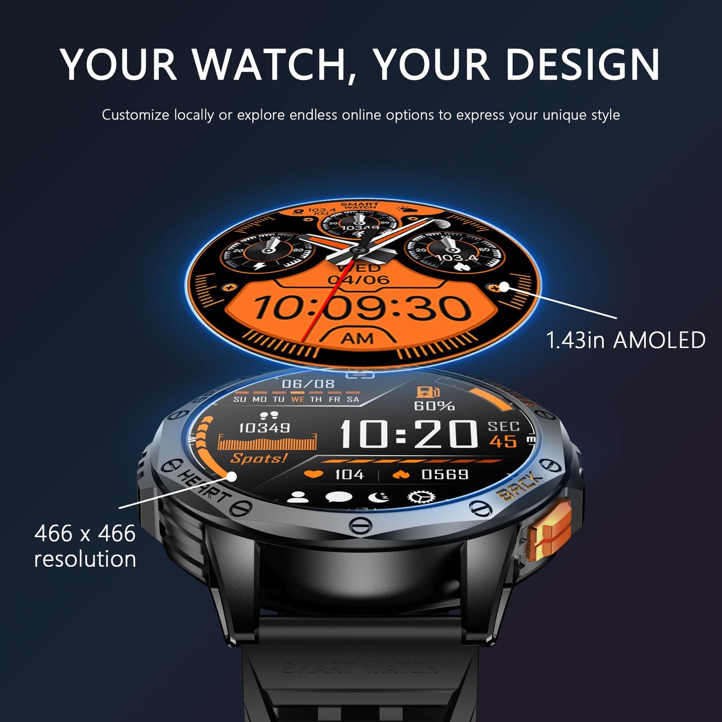 Military Smart Watch With GPS, 170+ Sport Modes Smartwatch with Heart Rate Monitor, Compass, Flashlight, GPS, Smart Watch for men,1.43" AMOLED Screen Bluetooth Call,Compatible iOS & Android (2 Bands)