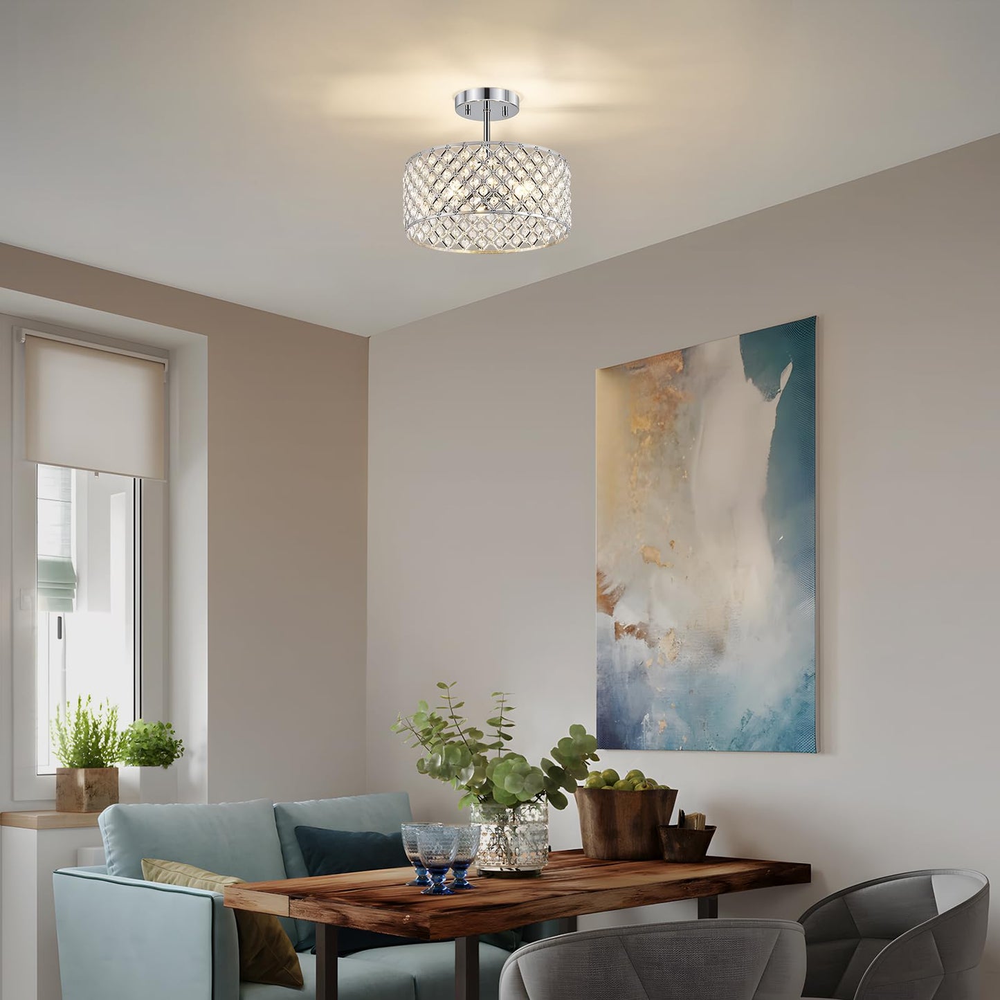 Bzvesr Chrome Crystal Ceiling Light Fixture Modern Semi Flush Mount Ceiling Lighting Fixture Round Small Chandelier For Dining Room Hallway Entryway Kitchen Bedroom Foyer 3 Light 12 Inch