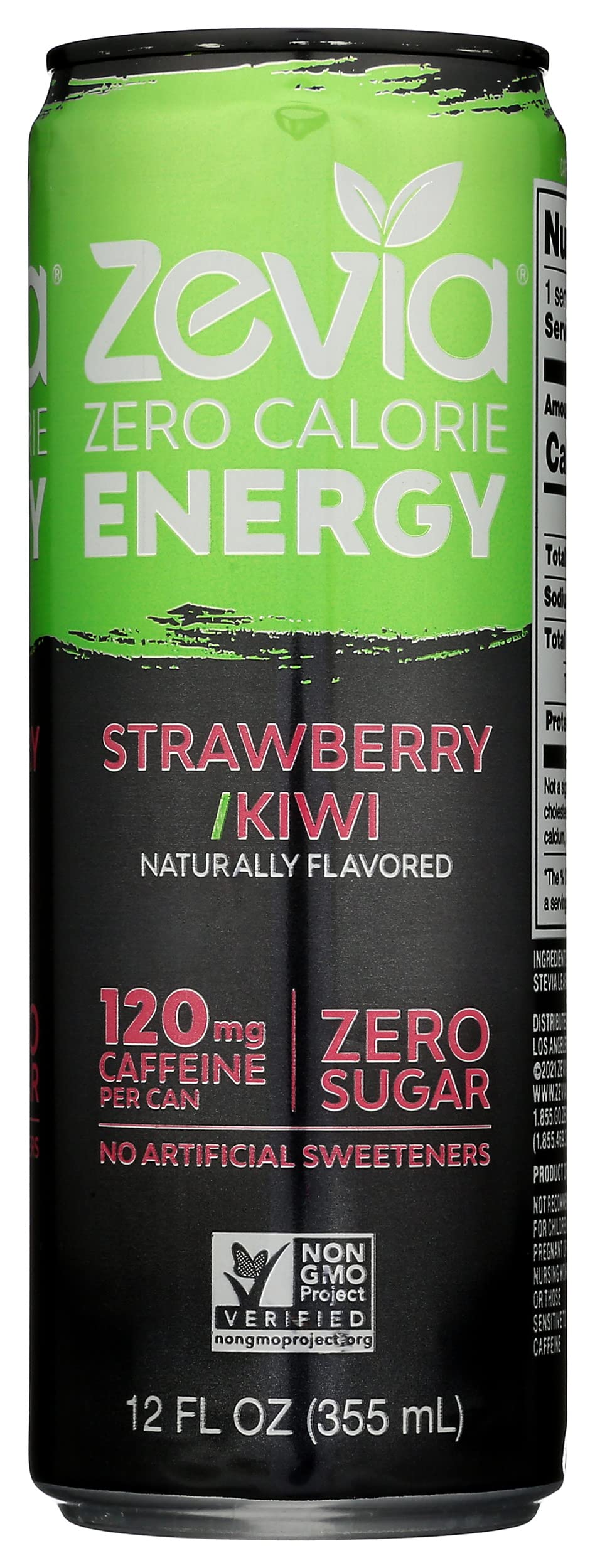 Zevia Zero Calorie Energy Drink Strawberry Kiwi 120mg Caffeine Zero Sugar Non-GMO 12 Fl Oz (Pack of 12)