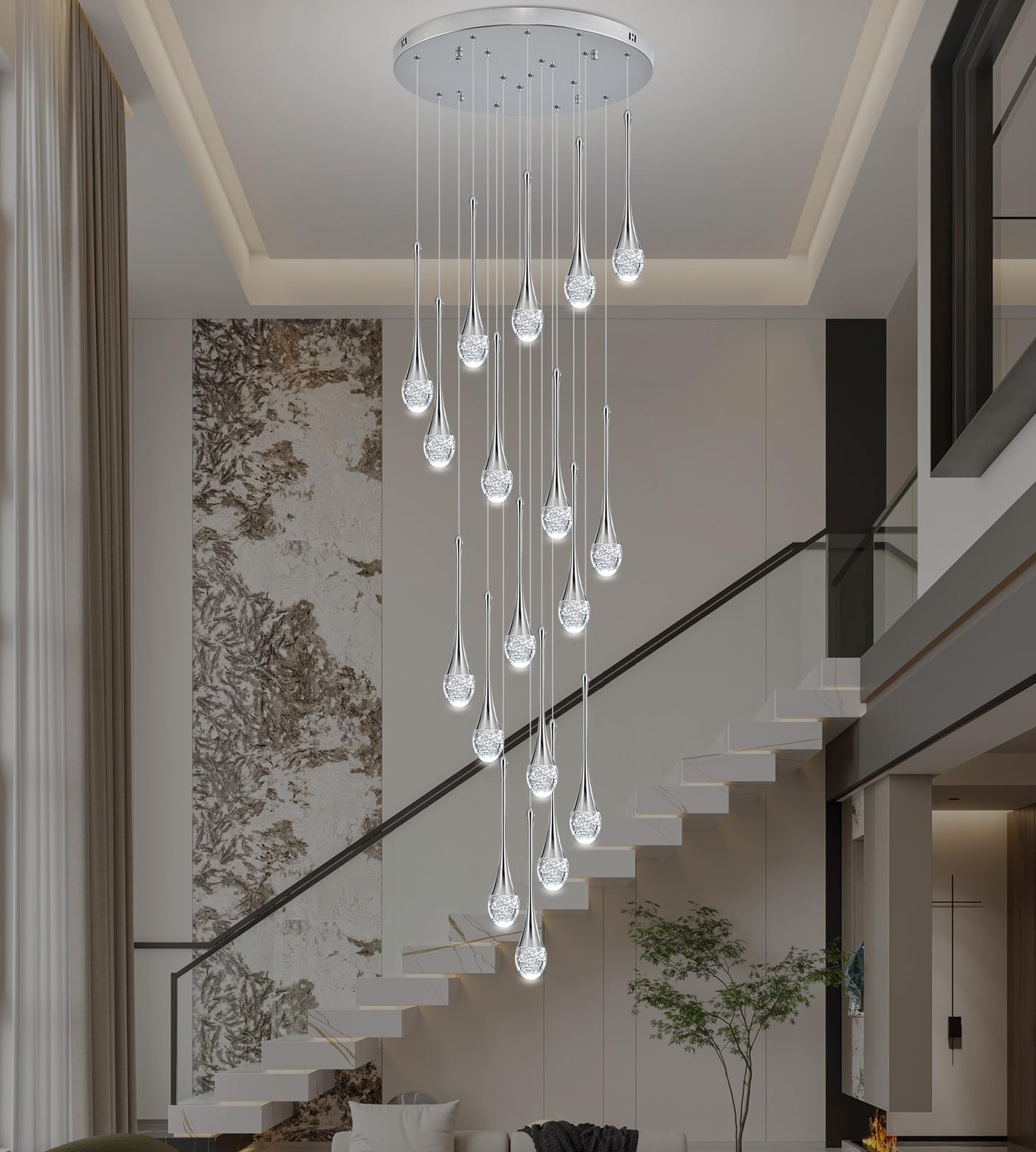 Upfelw Modern Crystal Staircase Chandelier Polished Chrome 18-Lights H118 Large High Ceiling Spiral Dimmable Led Raindrop Foyer Entryway Light Fixture Remote Control