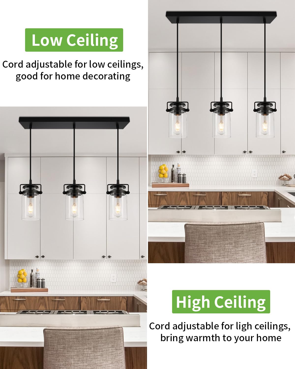 Pendant Lighting For Kitchen Island Modern Glass Pendant Light Linear Chandelier For Dining Room Industrial Hanging 3 Light Fixture Adjustable Cord Farmhouse Ceiling Light Black Finish