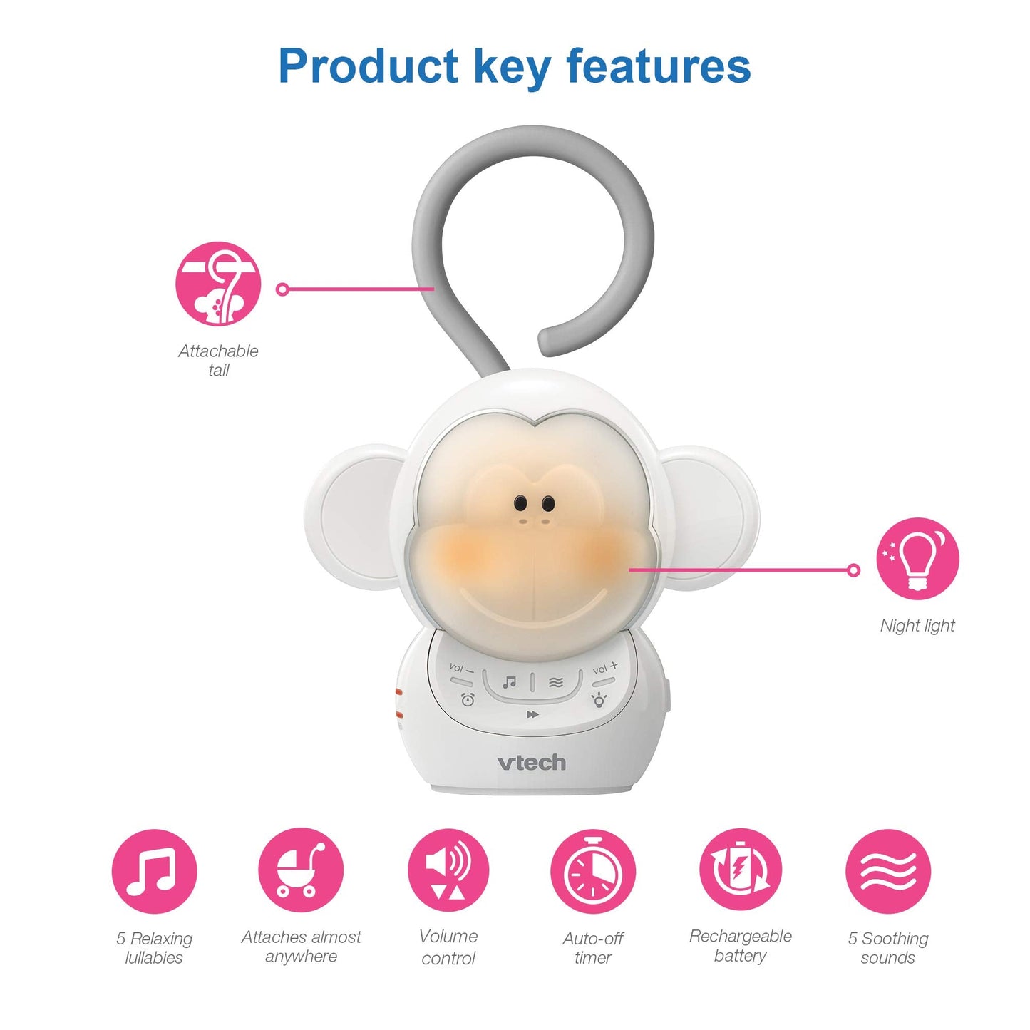 VTech Communications BC8211 Myla The Monkey Baby Sleep Soother with a White Noise Sound Machine Featuring 5 Soft Ambient Sounds, 5 Calming Melodies & Soft-Glow Night Light, 1 Count (Pack of 1)