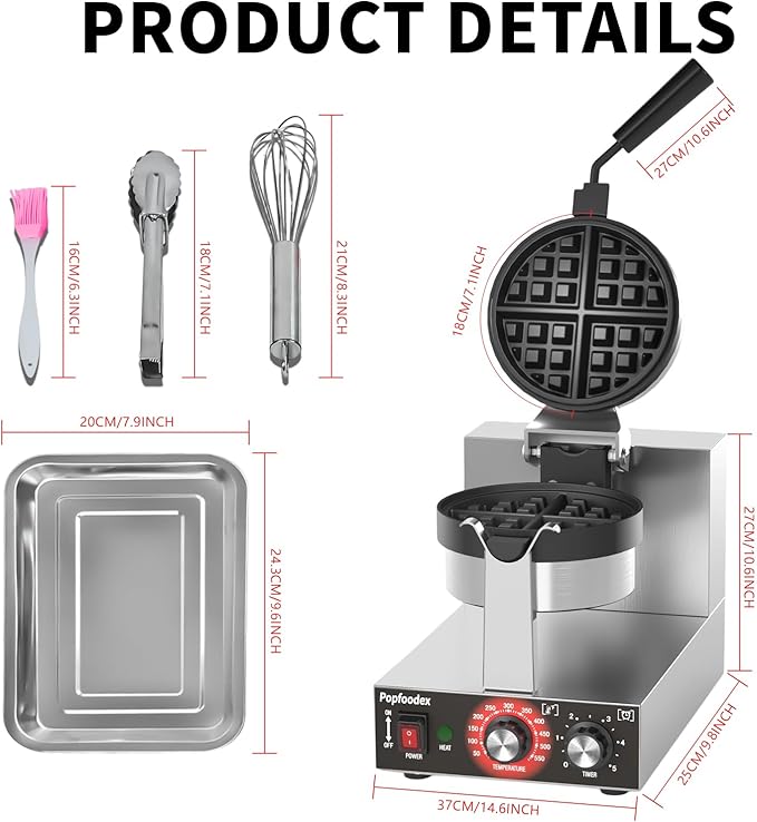 Belgian Waffle Maker, 110V Industrial Waffle Maker w/Non-Stick Coating and Adjustable Temperature (122-572°F), 1200W Rotary Commercial Waffle Machine w/Timer, Restaurants and Food Trucks