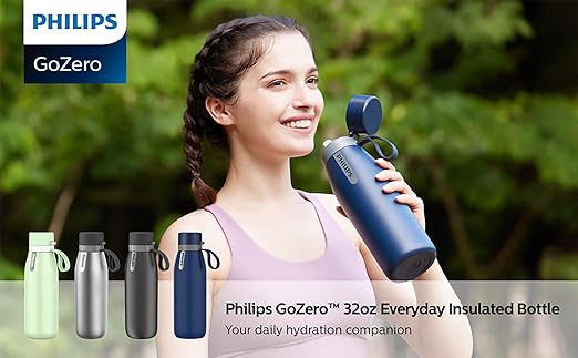 PHILIPS GoZero Everyday Insulated Stainless Steel Water Bottle Everyday Tap Water Filter BPA Free Transform Tap Water into Healthy Tastier Water Keep Drink Hot/Cold, 32 oz, Green