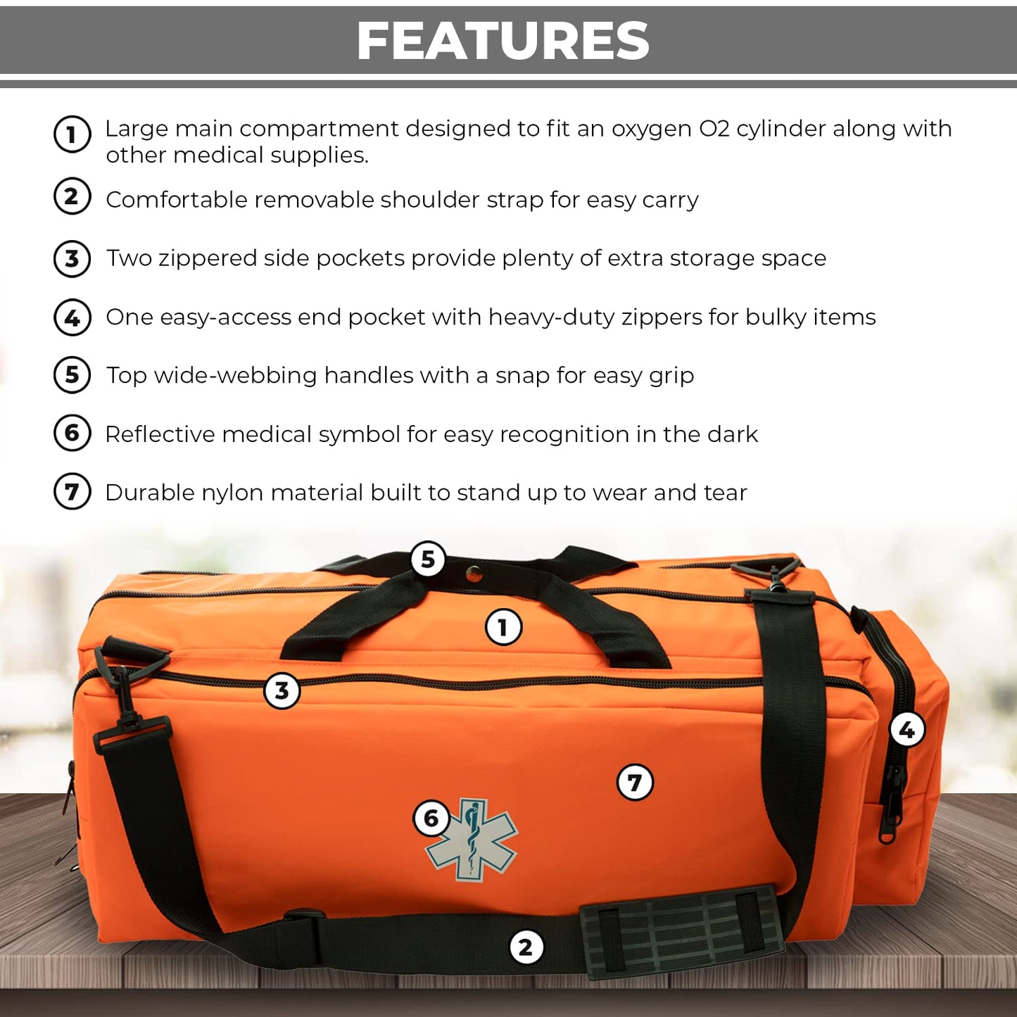 NOVAMEDIC First Responder Empty Oxygen O2 Duffle Bag, 32”x12”x13”, w/Multiple Compartments, EMT Trauma First Aid Carrier for Paramedics and Emergency Medical Supplies, Orange