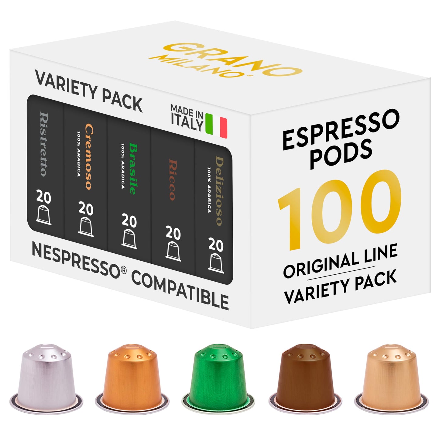 Grano Milano Variety Pack Coffee Capsules - 100 Aluminum Coffee Pods Compatible With Nespresso Original Line Medium And Dark Roast Made In Italy
