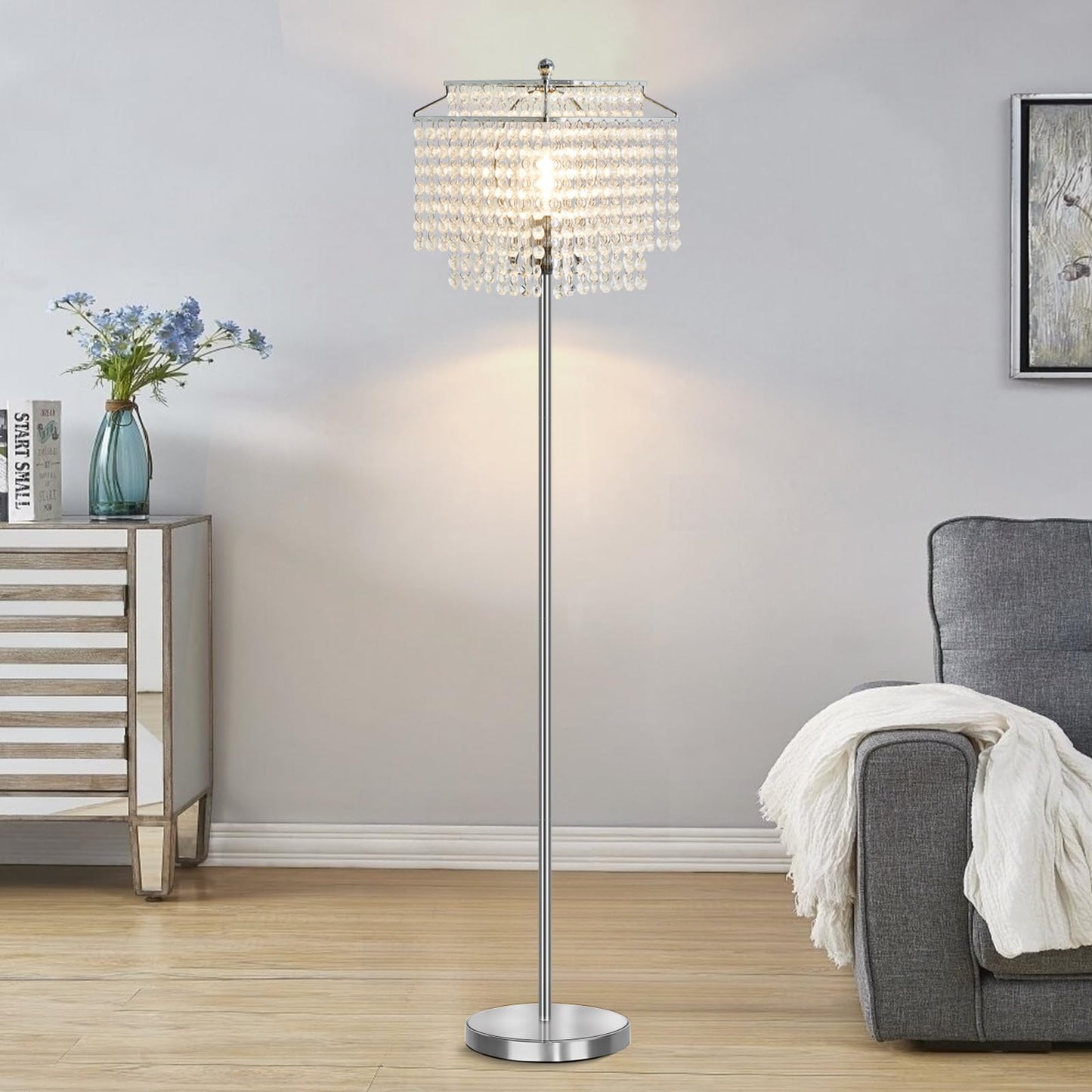 Luvkczc Silver Crystal Floor Lamp, Modern Design, Double-Layer Lampshade, On-Off Foot Switch, 8W Bulb Included