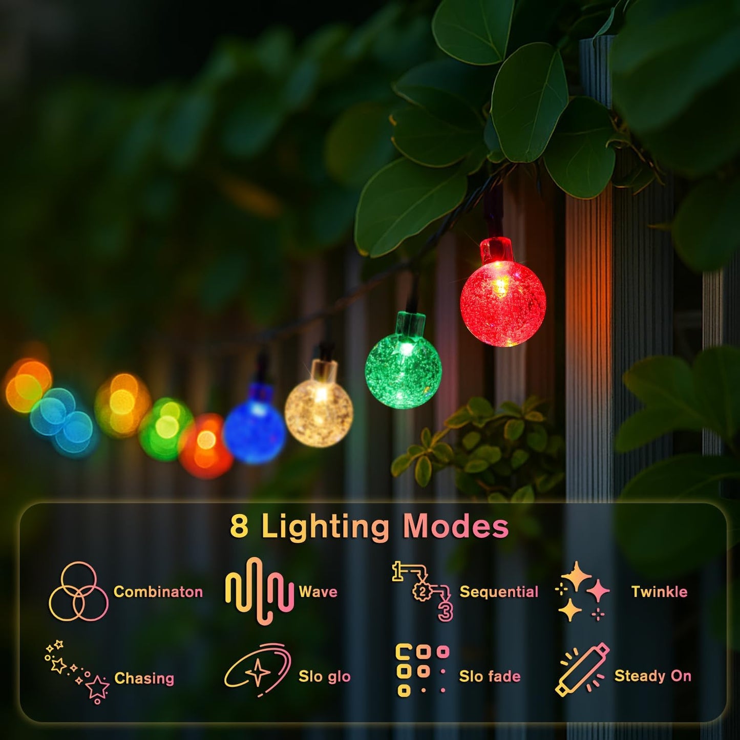 Metaku Solar String Lights, 40FT, 60 LED, 8 Lighting Modes, 2 Pack, Multicolor, Outdoor Patio Lighting for Garden and Camping