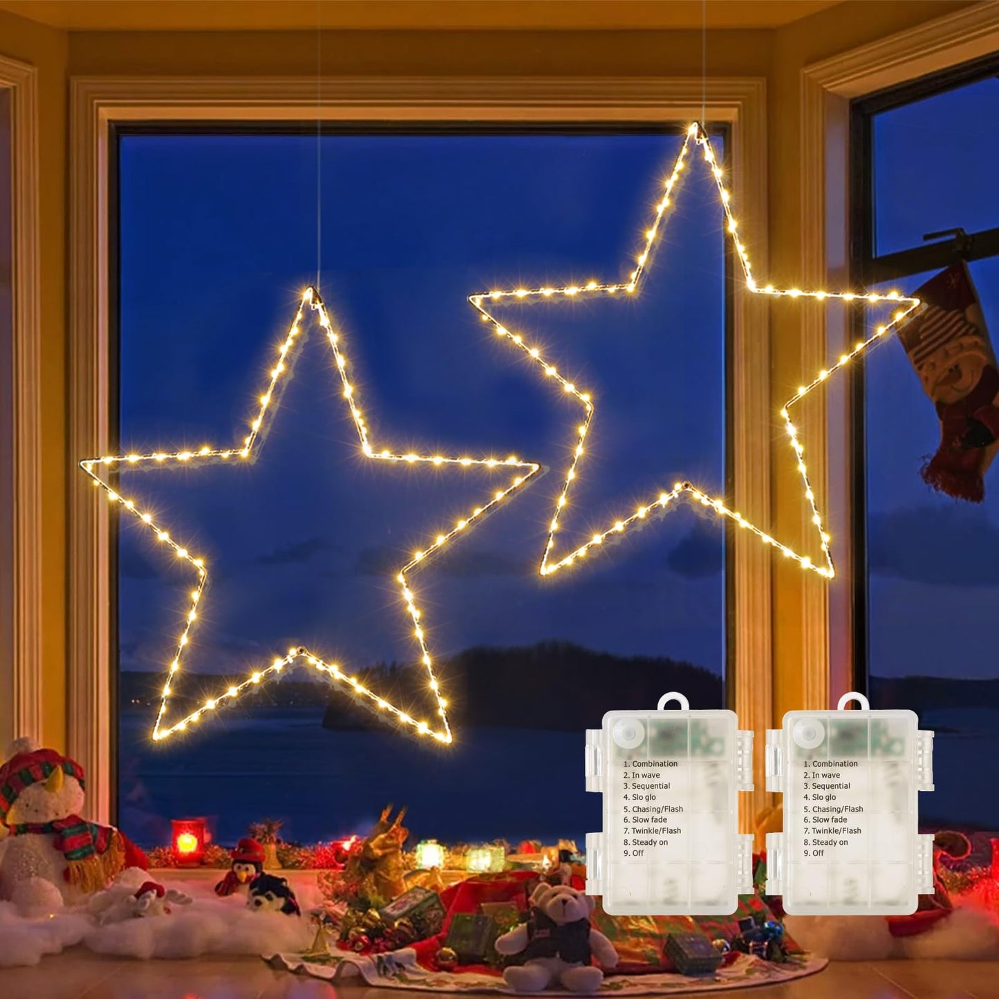 Marchpower Christmas Window Star Silhouette Lights 19Inch 70Led 2 Pack Large Star Lighted Xmas Decoration Battery Operated Twinkle Stars Light Outdoor Timer Lights Wedding Party Home D?Cor-Warm White