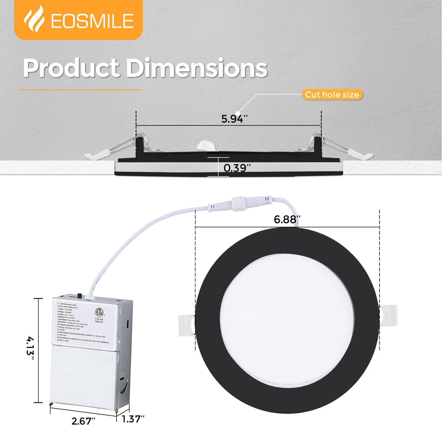 Eosmile 6 Inch Black Recessed Lighting With Night Light 16 Pack Canless Wafer 12W 120V 1100Lm 2700K-5000K Selectable Dimmable Etl Fcc