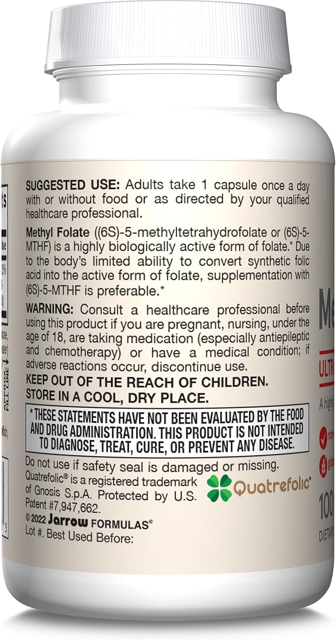 Jarrow Formulas Methyl Folate 1000 mcg, Dietary Supplement, Methyl Folate for Cellular Energy Support, 100 Veggie Capsules, 100 Day Supply, (Pack of 12)