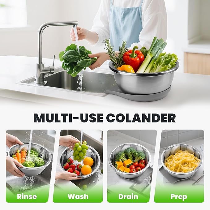 304 Stainless Steel Colander with Food-Grade Silicone Self-Draining Base, Coinicxcel 5QT Colander Strainer for Kitchen, Pasta Strainer for Washing Rice, Spaghetti, Vegetables, Fruit, Dishwasher Safe
