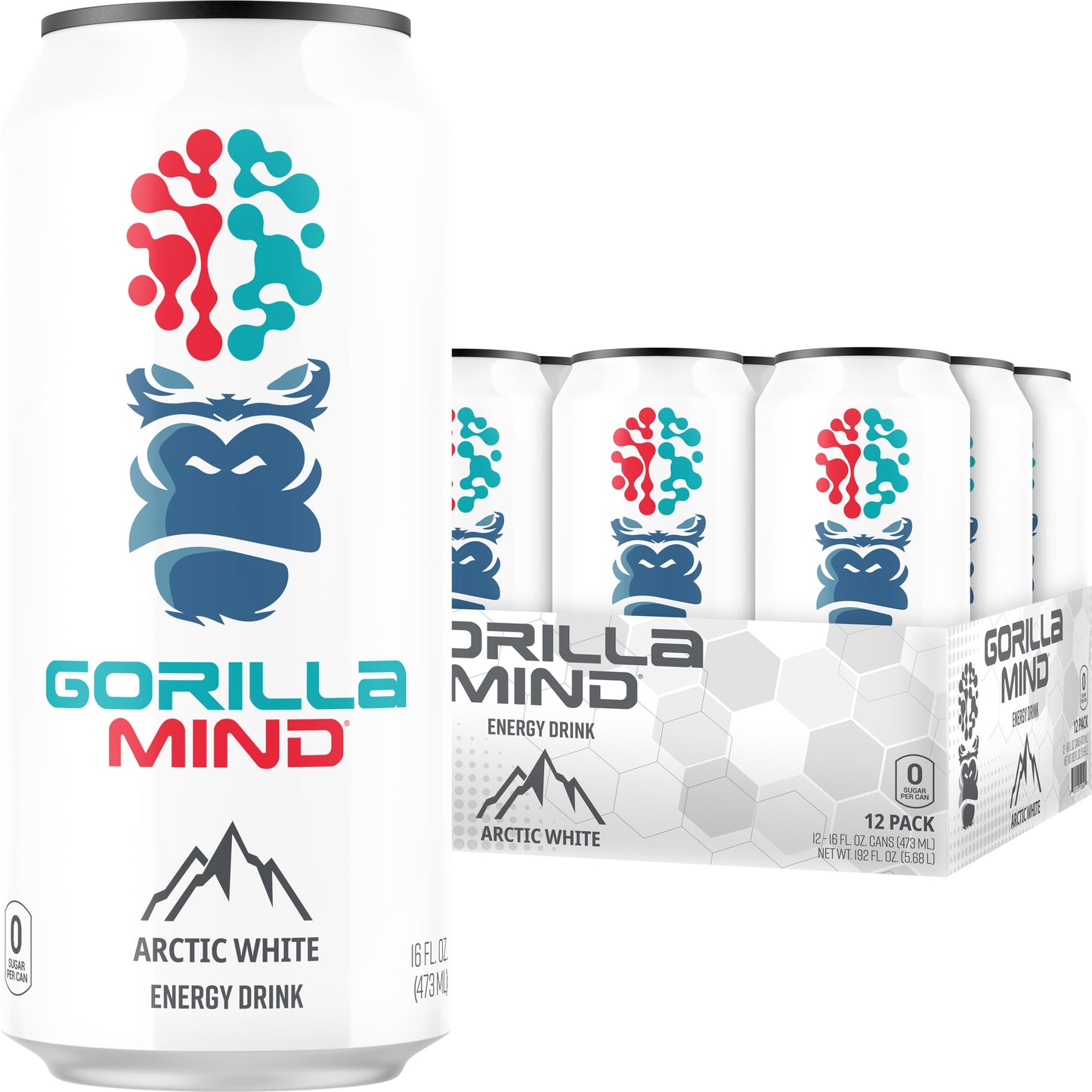 Gorilla Mind Energy Drink | Unmatched Energy Amplified Focus | N-Acetyl-L-Tyrosine Alpha-GPC 200mg Caffeine Uridine Saffron | 0 Sugar Or Artificial Colors | 16oz 12-Pack (Arctic White)