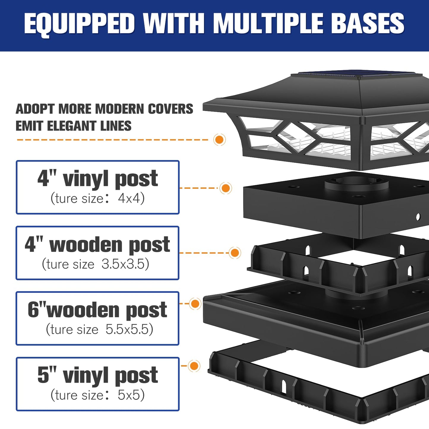 VOLISUN Solar Post Cap Lights 4-Pack, Black, Waterproof, Warm White, Fits 4x4/6x6 Posts, Model 21176ZM, Durable ABS Material