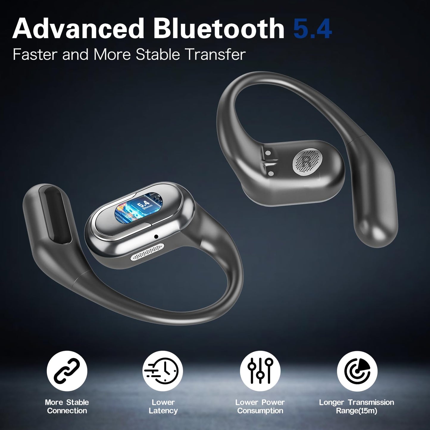 Byobyc Bluetooth 5.4 Headphones True Wireless Stereo Earbuds 40H Playtime LED Power Display Earphones with lPX5 Waterproof Open Ear Buds for Sporting, Working, Studying Black