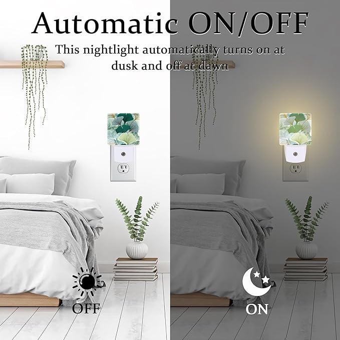 Green Gold Ginkgo Leaves Night Light for Kids,Abstract Botanical Leaves Night Light Plug in with Dusk to Dawn Sensor,0.5w Energy Saving Nightlight for Hallway Stairway Kitchen Bedroom