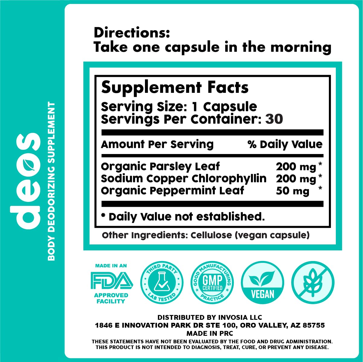 DEOS Internal Deodorant Supplement β Full Body Deodorizer for Gut Health, Skin Health, Detox & Digestion Support β Natural Odor Control Chlorophyll Pills | 30 Capsules