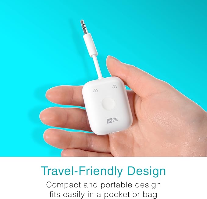 MEE audio Connect Air (2 PACK) in-Flight Bluetooth Wireless Audio Transmitter Adapter for up to 2 AirPods/Other Headphones; Works with All 3.5mm Aux Jacks on Airplanes, Gym, TVs, & Gaming, Black&White