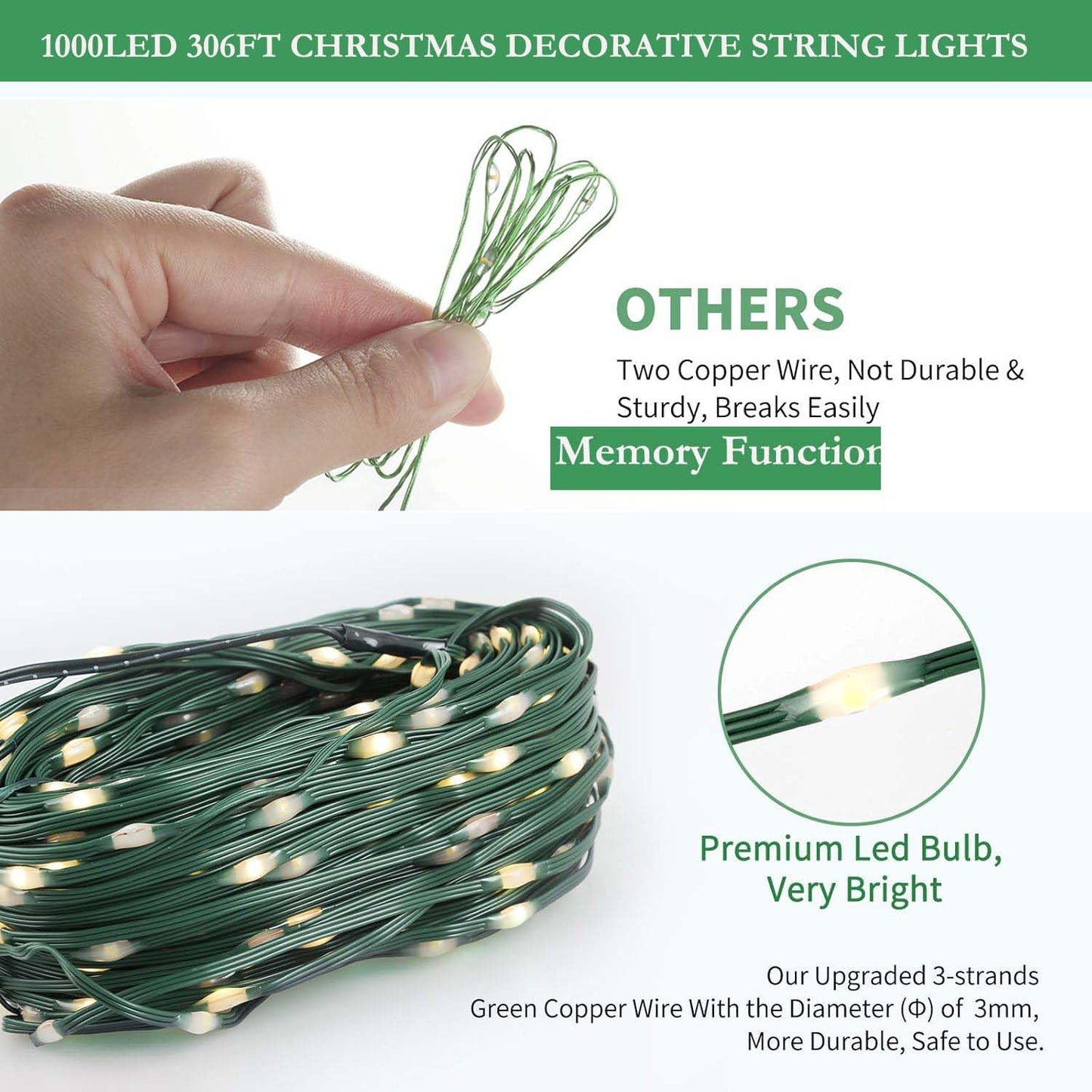 Tcamp 306Ft 1000 Led Red Christmas Lights 8 Modes Christmas Tree Lights With Timer Memory Function Green Wire Starry Fairy String Light For Xmas Tree Outdoor Indoor Decor